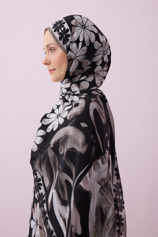 Double Flowerpot Black Crepe Silk Shawl - 5