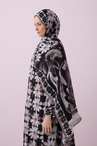 Double Flowerpot Black Crepe Silk Shawl - 6