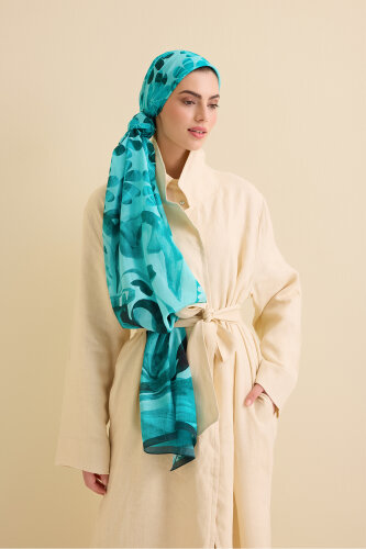 Double Flowerpot Turquoise Cotton Silk Shawl - Imannoor