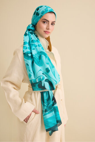 Double Flowerpot Turquoise Cotton Silk Shawl - 5