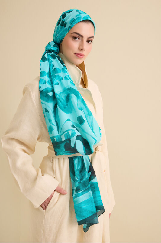Double Flowerpot Turquoise Cotton Silk Shawl - 5