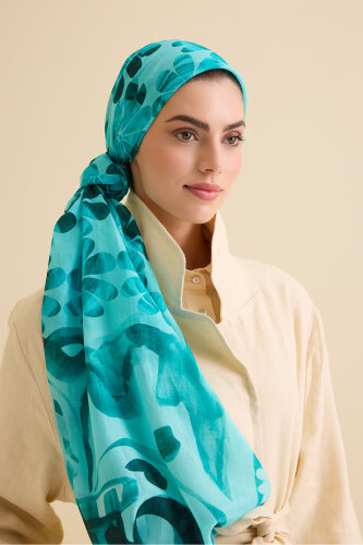 Double Flowerpot Turquoise Cotton Silk Shawl - Imannoor (3)