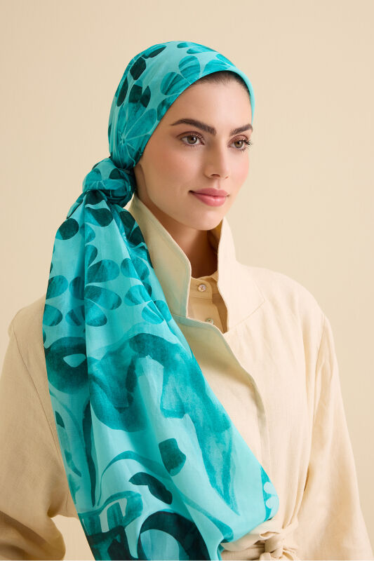 Double Flowerpot Turquoise Cotton Silk Shawl - 3