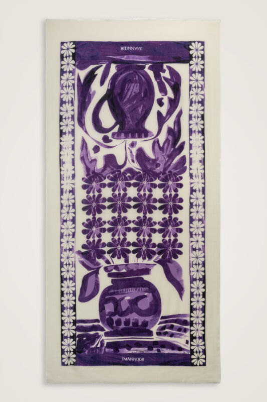 Double Pot Cream-Purple Wool Silk Scarf - 1