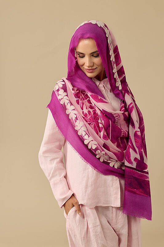 Double Pot Powder Pink-Fuchsia Wool Silk Scarf - 6