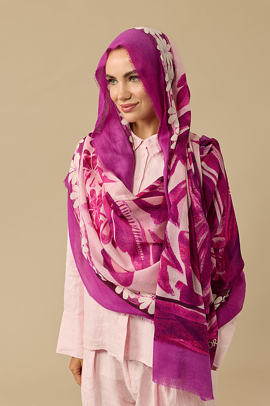 Double Pot Powder Pink-Fuchsia Wool Silk Scarf - 3