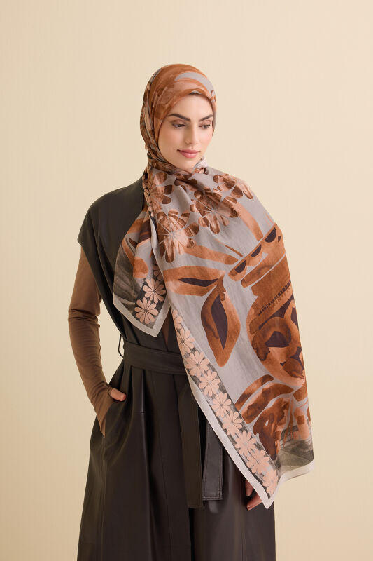 Double Potted Beige Cotton Silk Shawl - 1