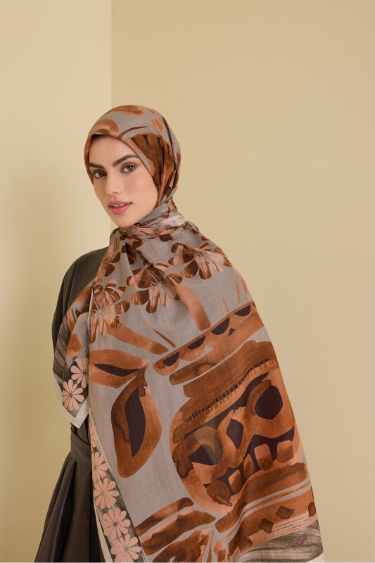 Double Potted Beige Cotton Silk Shawl - 5