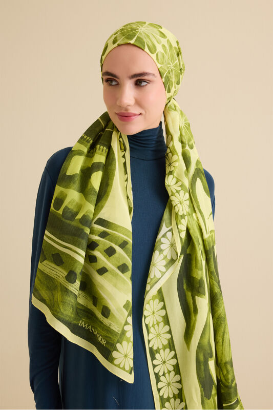 Double Potted Green Cotton Silk Shawl - 1
