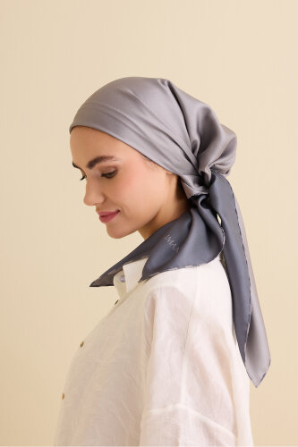 Düz Renk Açık Gri-Koyu Gri Çift Taraflı Mulberry İpek Eşarp 94x94 - 6