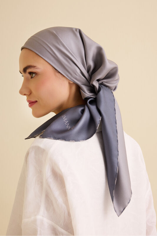 Düz Renk Açık Gri-Koyu Gri Çift Taraflı Mulberry İpek Eşarp 94x94 - 1