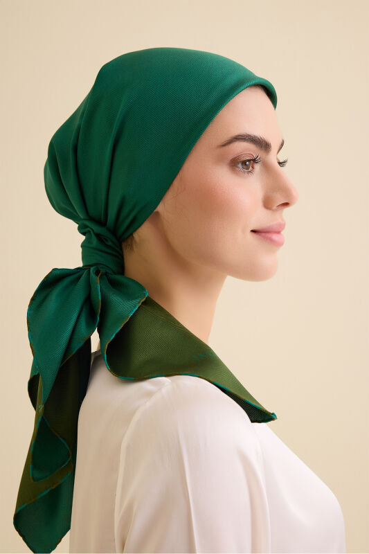 Düz Renk Haki-Zümrüt Çift Taraflı Mulberry İpek Eşarp 94x94 - 1