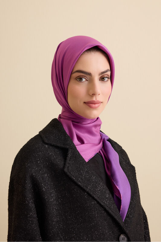 Düz Renk Mor Menekşe-Pembe Menekşe Çift Taraflı Mulberry İpek Eşarp 94x94 - 3