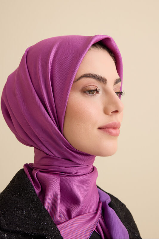 Düz Renk Mor Menekşe-Pembe Menekşe Çift Taraflı Mulberry İpek Eşarp 94x94 - 1