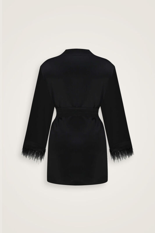 Düz Renk Siyah Otrişli Kısa Kimono - 4