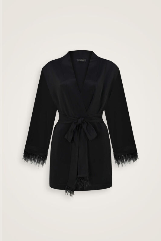 Düz Renk Siyah Otrişli Kısa Kimono - 2