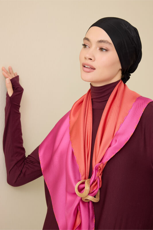 Düz Renk Turuncu-Fuşya Çift Taraflı Mulberry İpek Eşarp 94x94 - 1