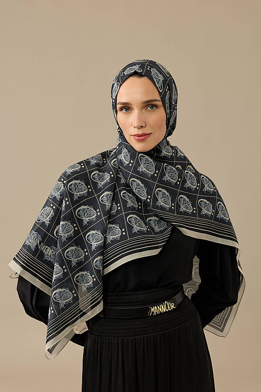 Esma Koleksiyonu [Ö] Gece Pamuk İpek Şal 70x200 - 4