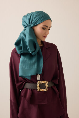 Faith I Green Petrol Jacquard Silk Shirt Scarf - 3