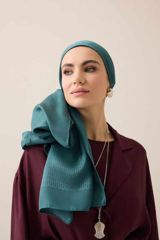 Faith I Green Petrol Jacquard Silk Shirt Scarf - 1