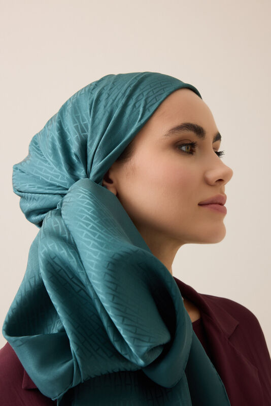 Faith I Green Petrol Jacquard Silk Shirt Scarf - 5