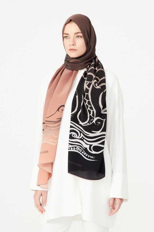 Fish and Bird Silk Shawl Black - 6