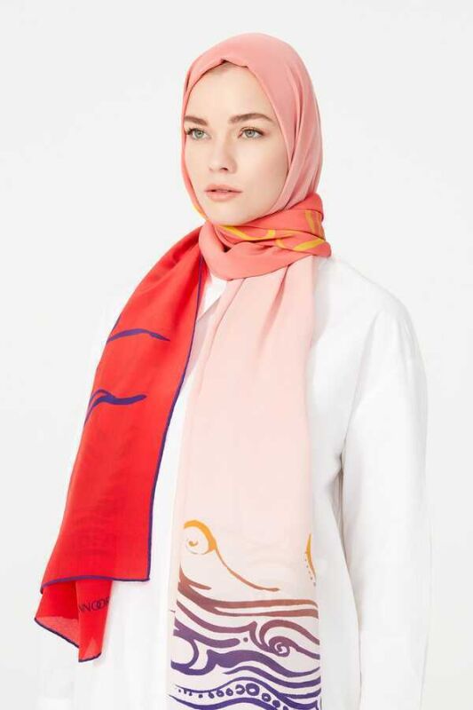Fish and Bird Silk Shawl Red - 4