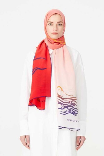 Fish and Bird Silk Shawl Red - 2