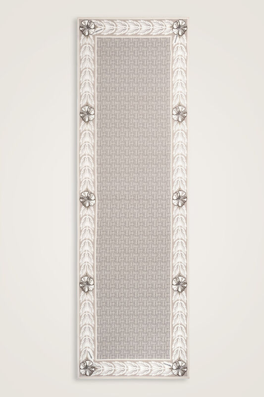 Floral Bordered Textured Faith Square Beige Crepe Silk Scarf - 1