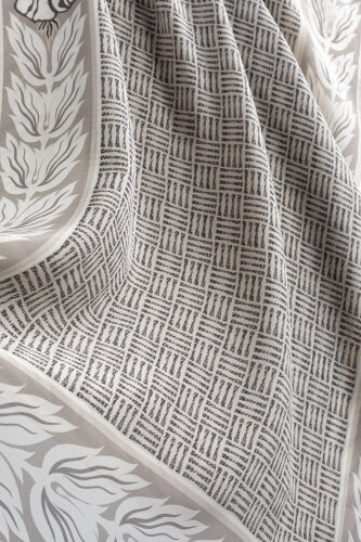 Floral Bordered Textured Faith Square Beige Crepe Silk Scarf - 2