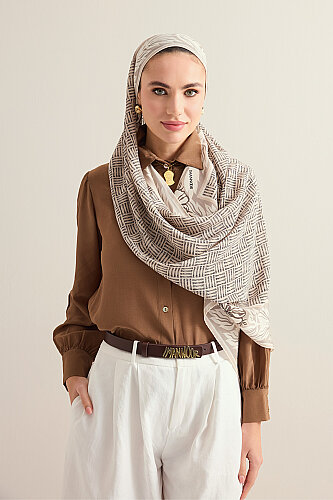 Floral Bordered Textured Faith Square Beige Crepe Silk Scarf - 5