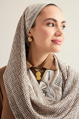 Floral Bordered Textured Faith Square Beige Crepe Silk Scarf - 3