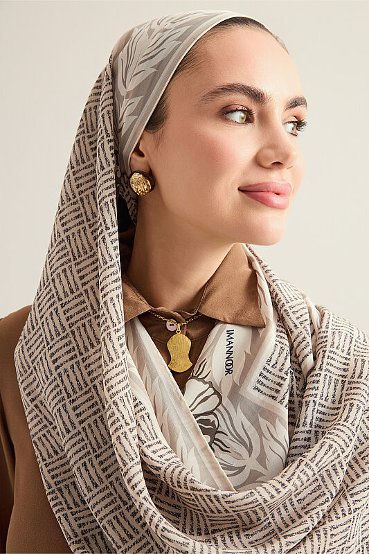 Floral Bordered Textured Faith Square Beige Crepe Silk Scarf - 3