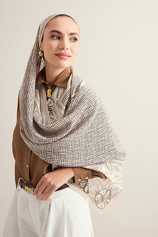 Floral Bordered Textured Faith Square Beige Crepe Silk Scarf - 1