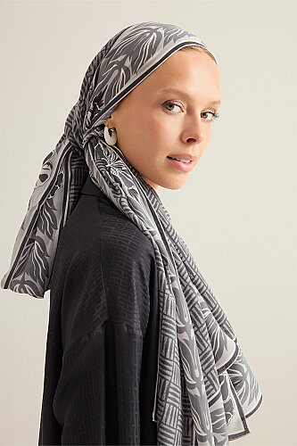 Floral Bordered Textured Faith Square Grey Crepe Silk Scarf - 5