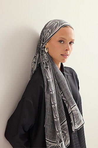 Floral Bordered Textured Faith Square Grey Crepe Silk Scarf 