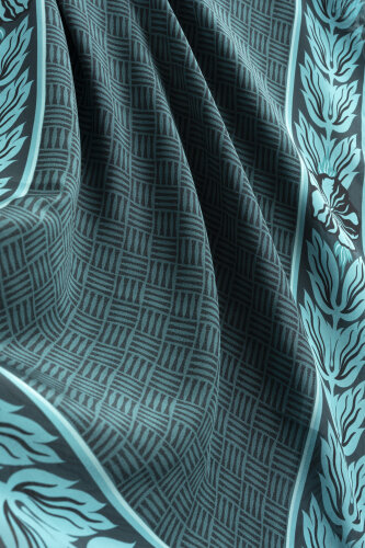 Floral Bordered Textured Faith Square Petrol Crepe Silk Scarf - 2