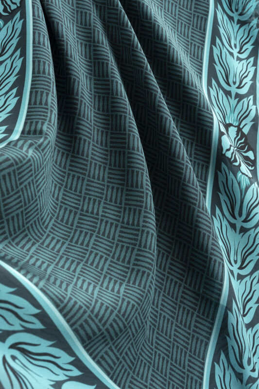 Floral Bordered Textured Faith Square Petrol Crepe Silk Scarf - 2