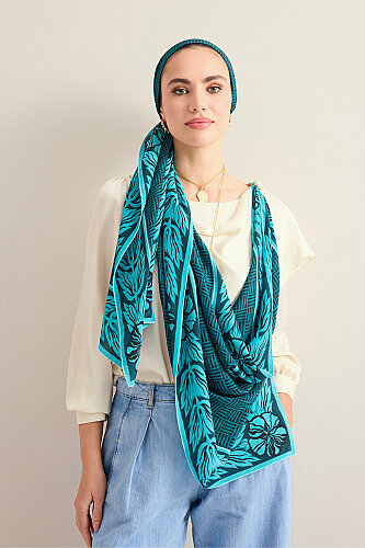 Floral Bordered Textured Faith Square Petrol Crepe Silk Scarf - Imannoor