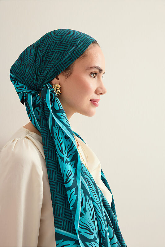 Floral Bordered Textured Faith Square Petrol Crepe Silk Scarf - 3