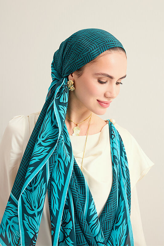 Floral Bordered Textured Faith Square Petrol Crepe Silk Scarf - 5