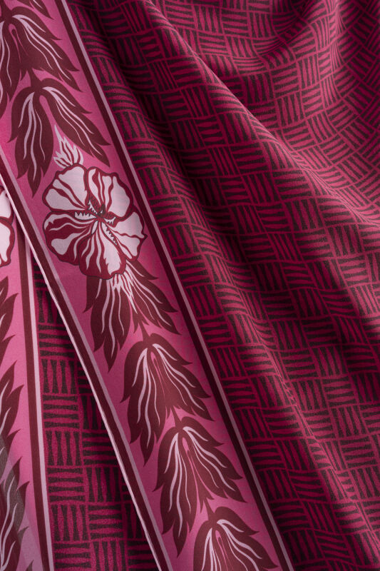 Floral Bordered Textured Faith Square Red Crepe Silk Scarf - 2