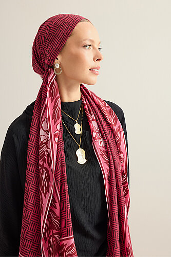 Floral Bordered Textured Faith Square Red Crepe Silk Scarf - 1