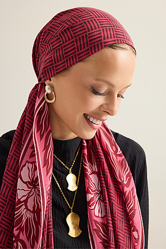 Floral Bordered Textured Faith Square Red Crepe Silk Scarf - 5