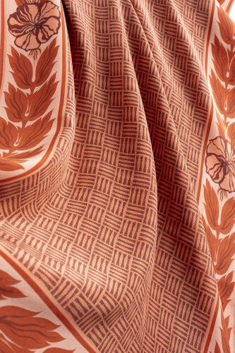 Floral Bordered Textured Faith Square Tan Crepe Silk Scarf - 2