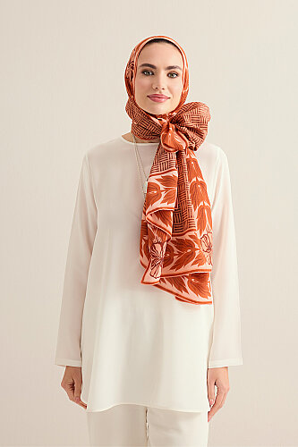 Floral Bordered Textured Faith Square Tan Crepe Silk Scarf - 3