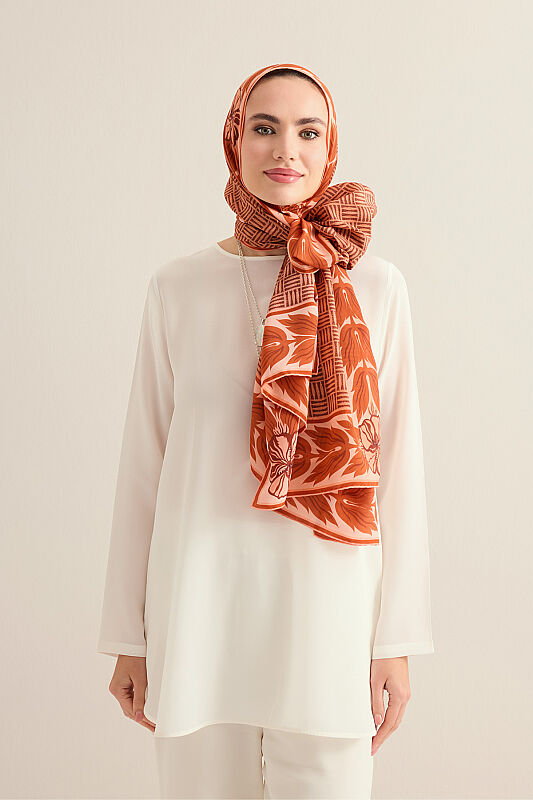 Floral Bordered Textured Faith Square Tan Crepe Silk Scarf - 3