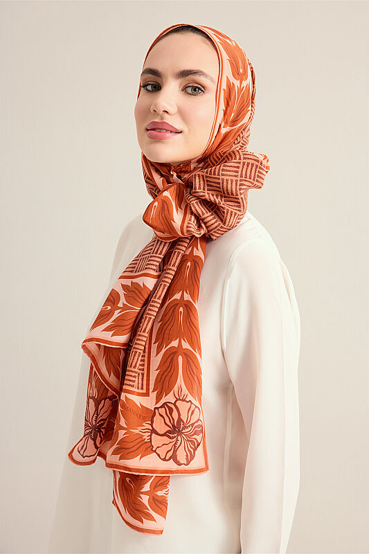 Floral Bordered Textured Faith Square Tan Crepe Silk Scarf - 1