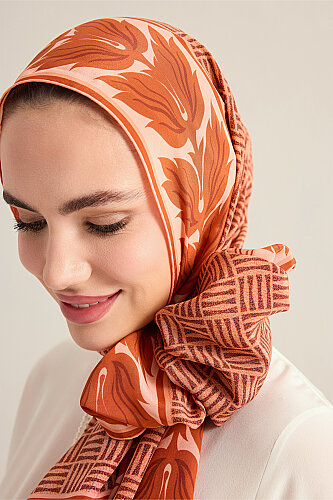 Floral Bordered Textured Faith Square Tan Crepe Silk Scarf - 5