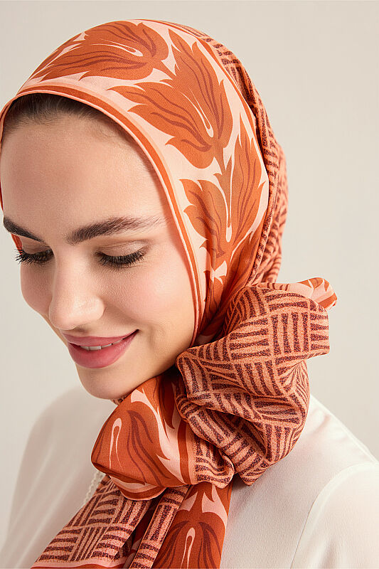 Floral Bordered Textured Faith Square Tan Crepe Silk Scarf - 5